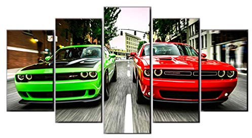 Grün Rot Dodge Challenger Srt Hellcat Und Roter Sportwagen 5 Stück Drucke Auf Leinwand Gemälde Kunstwerk Moderne Bilder Gemälde Wandkunst Für Küche Home Dekorationen (Mit Rahmen,75 x 150 cm)