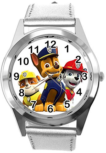 Taport® Montre à quartz avec bracelet en cuir argenté pour les fans de Pat’Patrouille