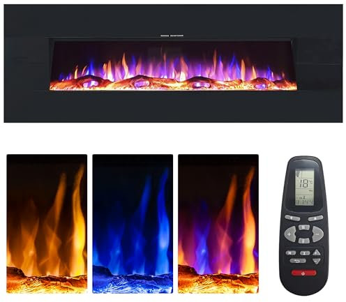 Ezee Grand Built-In Electric Fire - 60 | Wall Mounted or Recessed Black or White LED Flame Effect Fireplace Heater | 2 Decorative Fuel Bed Options, 3 Flame Colours & Remote Control | Zara Glow Range