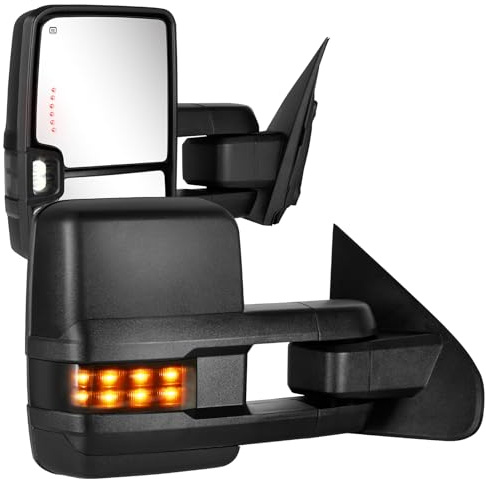 Towing Mirrors Compatible with 2014 2015 2016 2017 2018 Chevy Silverado GMC Sierra 1500 2500 HD 3500 HD with Power Glass LED Arrow Turn Signal Backup Lamp Running Light Heated Extendable Pair Set