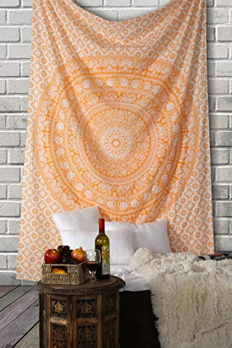 RAJRANG Mandala Wandbehang Wandteppich - Dekorative Strandtuch Hippie Wandteppich Elefant werfen Wandteppich - 152 x 127 cm - Orange