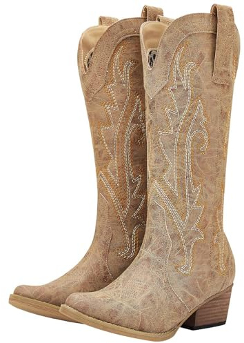 HISEA Rollda Cowboy Boots for Women, Cowgirl Boots, Comfortable Western Boots with Pointed Toe Stitched Embroidery for Country Concert Dancing Wedding Traveling Daily Outfits