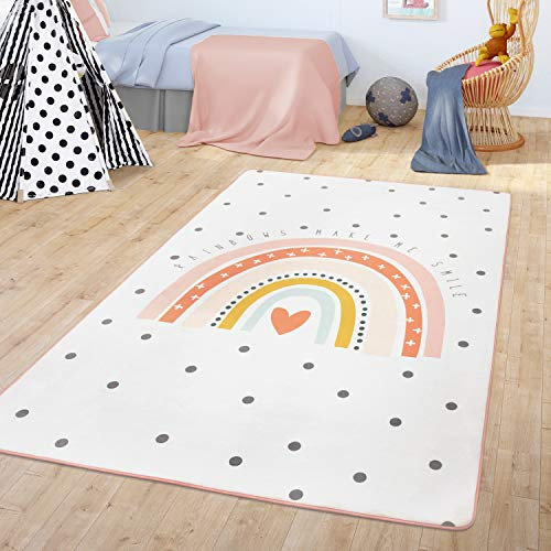 TT Home Teppich Kinderzimmer Kinderteppich Babymatte Regenbogen Motiv Mit Herz Design, Farbe:Creme, Größe:155x230 cm