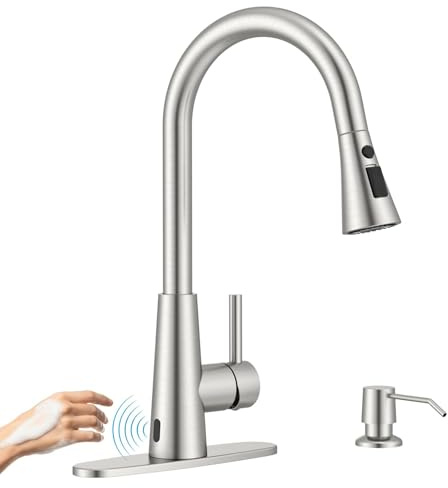 APPASO Grifo de cocina sin contacto con rociador extraíble de níquel cepillado, sensor de movimiento lateral, grifo de cocina sin contacto, modos de hanle, grifo sin contacto para fregadero de cocina