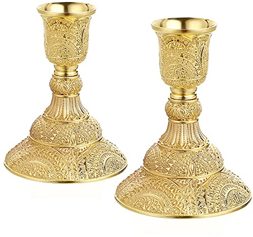 BSTKEY 2 Stück Kerzenhalter Kerzenhalter Ständer, Tischdekoration Stumpenkerze Mittelstück Halter für Spitzkerzen, Gold