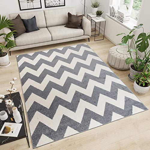 TAPISO MAROKO Teppich Wohnzimmer Modern Kurzflor Geometrisch Zick Zack Gestreift Streifen Creme Grau Schlafzimmer Küche ÖKOTEX 140 x 190 cm