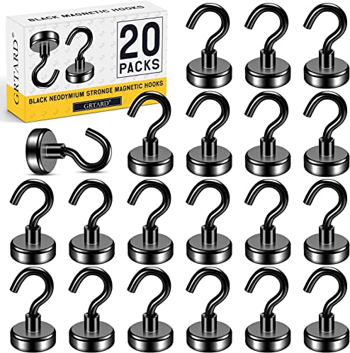 20 Pack Black Neodymium 22 lb+ Heavy Duty Magnets with Hooks - Strong Magnetic Holders for Fridge, Cruise, Kitchen, Ceiling, Office