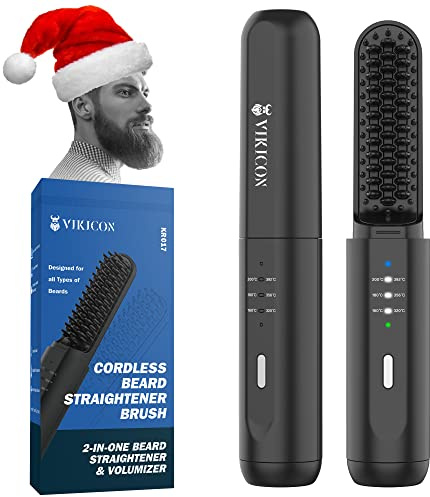 VIKICON Beard Straightener for Men: Cordless Heated Beard Brush for Men, Electric Hot Comb, Anti-Scald Mini Straightening Brush for Beard Grooming, Portable for Travel and Home Use, Gifts for Him Dad