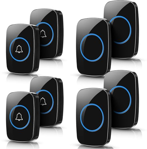 Fabbay 8 Wireless Doorbell, Waterproof Door Bell Button Kit 4 Pcs Home Doorbell with 4 Receivers 1000 ft Range 5 Volume Levels with 60 Door Bell Chimes and LED Flash for Home Office Classroom(Black)