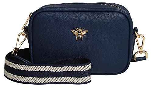 Alice Wheeler London Mini Soho Crossbody Bag for Women – Compact Zip Shoulder Bag with Gold Bee Charm & Branded Strap
