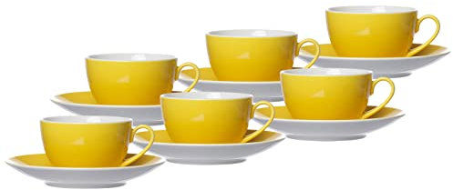 Ritzenhoff & Breker Doppio Kaffeetassen mit Untertassen, 6er Set, 200 ml, Gelb, Porzellan, Buntes Mix-und-Match-Geschirr