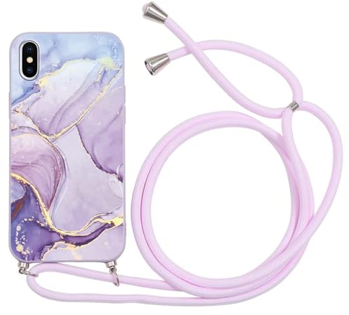 ZhuoFan Handykette für iPhone XS Max Hülle mit Band, Aesthetic Marmor Muster Verstellbarer Halskette Handyhülle mit Kordel zum umh?ngen, Violett Silikon STO?fest Schutzhülle mit Kette, Marble