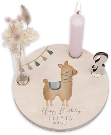 Personalisierter Geburtstagsteller aus Holz mit Kerzenhalter, Vase & Jahres Zahlen - Geburtstagsdeko mit Name - 1. Geburtstag Baby & Kinder Geschenk - ⌀16 cm x 12mm - hellomini (Alpaka)