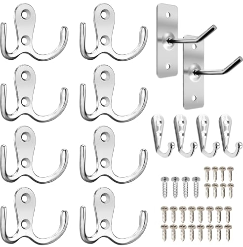 Daily Treasures 14Pcs Wandhaken Set, 8 x Doppel-Kleiderhaken, 4 x einzelne Metallhaken und 2 x robuste Wandhaken mit 28 Schrauben, Retro-Silber-Kleiderhaken, Wandmontage für Badezimmer