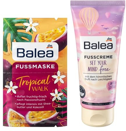 Balea 2er-Set Fußpflege: Fußmaske TROPICAL WALK für trockene Füße mit Sheabutter, Passionsfrucht, Kokosöl und Vitaminen (16 ml) + Fußcreme SET YOUR MIND FREE (100 ml), 116 ml