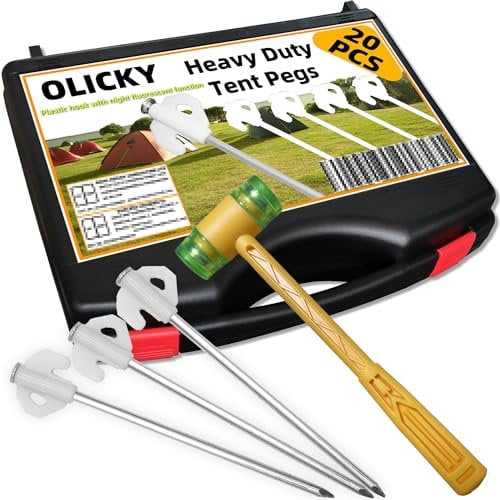 20 Stück dicke Edelstahl-Zeltheringe mit Aufbewahrungskoffer und Gummihammer