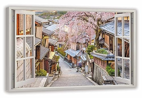 HUBDECO Leinwandbild Fensterblick Japanische Sakura Bild 70x50 cm - Landschaftsbilder auf Leinwand - Wandbilder Wohnzimmer - Bild Fenster mit Ausblick - Aesthetic Room Decor - Wanddeko Schlafzimmer