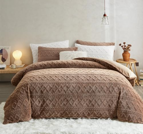 Sedefen Flauschig Bettwäsche 220x240 cm Khaki Biber Flanell Fleece Geometrischmuster Cashmere Touch Winterbettwäsche Warme Bettbezug und 1 Kissenbezug 80x80cm mit Reißverschluss