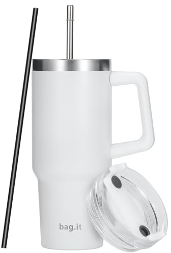 BAG.IT Travel Mug with Straw and Lid 30oz, Tumbler with Handle, Stainless Steel Travel Flask with +2 Straws | Insulated Coffee tanleys Cup (White, 900ml)