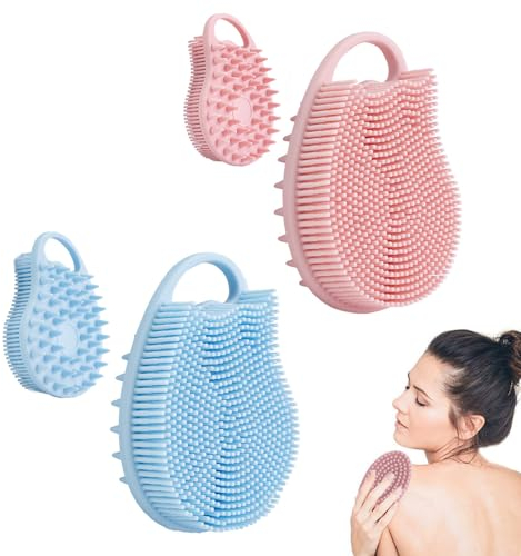 Athyior Silicone Body Scrubber 2 Pack - Dual-Sided Body Brush Cleansing Scrubbing Gently Exfoliating Massage for Bathing Shower Women Men Kids Baby Deep Cleaning Skin Tool(Style A,Pink + Blue)
