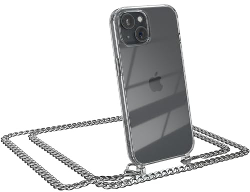 EAZY CASE Handykette kompatibel mit iPhone 15 Handyhülle mit Metall Umhängeband und Ersatz Kordel schwarz, Handykordel mit Schutzhülle, Stylische Kette, Metall - Silber