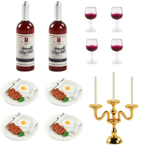 35 Stück Miniatur Puppenhaus Geschirr, Miniatur Lebensmittel Spielzeug, Miniatur Steak Set, Miniatur Rotweinglas, Miniatur-Kerzenhalter, Miniatur Puppenhaus Zubehör