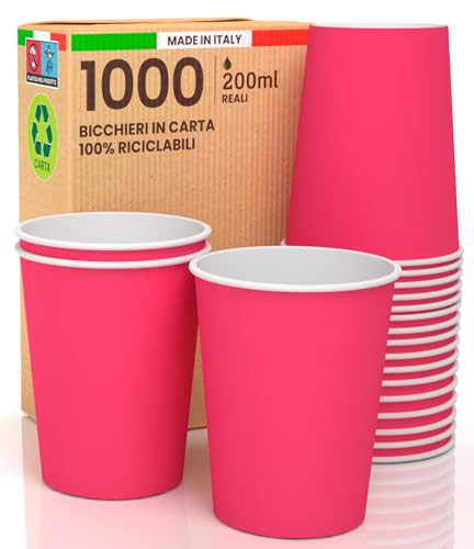 Baciato Caffè 1000 Bicchieri in Carta 200ml Ecologici Biodegradabili Monouso Made in Italy Asporto Bevande Calde Acqua Colorati FUCSIA - Prodotto e Confezionato in Italia