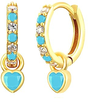 Creolen Klein Für Frauen - Blau Türkis Ohrringe Mit Sky Blue Heart Drop Schleifen - Hypoallergene Cubic Zirkonia Herz Gold Blau Schmuck Für Mädchen