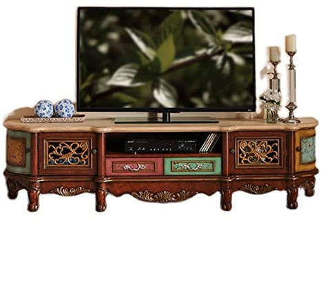 TV Schrank Fernsehschrank 78,7 Wohnzimmer-TV-Ständer aus Gummibaumholz, Vintage-TV-Konsole im Used-Look mit handbemaltem und geschnitztem, luxuriöser Media-Center-Tisch mit Massenspeicher TV Stand TV