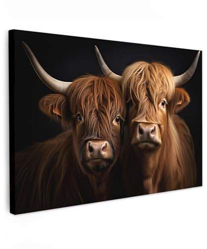 MuchoWow© Leinwände Groß 120x80 cm XXL Wall Decoration Bilder für die Wand Schlafzimmer Deko Pictures Canvas Painting Wanddekoration Wohnzimmer Schottische Hochlandrind - Kälber - Schwarz - Kuh