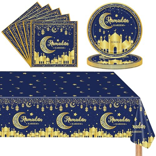 37P Eid Mubarak Tableware Set,Blue Gold Eid Ramadan Mubarak Plates Napkins Moon Star Table Cloth,Ramadan Dinnerware Set Ramadan Kareem Table Decorations for Umrah Mubarak Islam Muslim Party Supplies