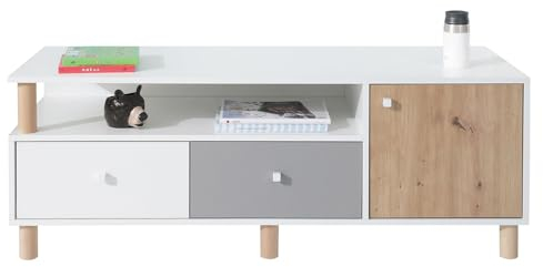 Lomadox Jugendzimmer Lowboard Fernsehschrank in weiß mit Eiche und grau