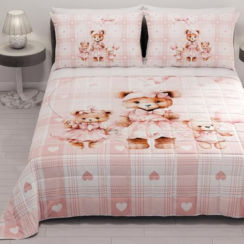 PETTI Artigiani Italiani - Copriletto Matrimoniale Estivo 260x270cm 100 g/m² Double Face, Trapuntino Matrimoniale Primaverile, Trapunta Leggera, Teddy Rosa, 100% Made in Italy