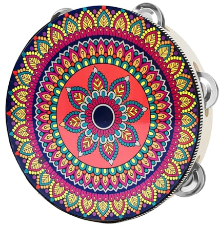 Handheld Tamburin, Tamburin Trommel, Holz Handtrommeln, Handtrommel Percussion, Tambourin, Einreihige Handtrommel, für Bandauftritte, Partys, Musikunterricht, Böhmisches Muster, 20cm