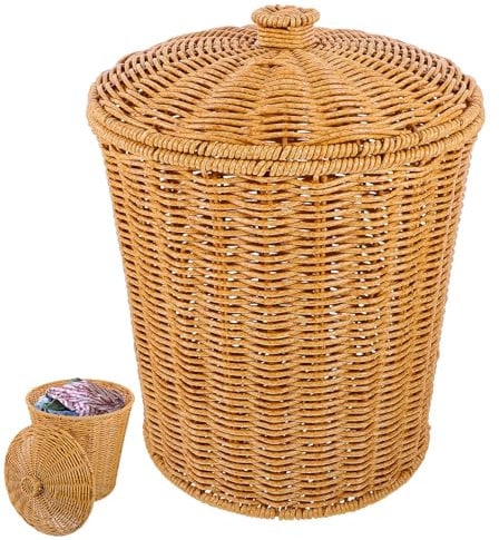 Luxshiny Mülleimer Aus Geflochtenem Korb Mit Deckel: Abfallkorb Aus Rattan Runder Aufbewahrungskorb Aus Korbgeflecht Behälter Für Wäsche Schmutzige Wäsche Und Kleinigkeiten Im Schlafzimmer