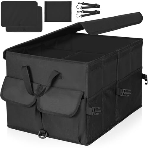 IBVIVIC 60L Kofferraum Organizer mit Deckel, Faltbar Kofferraumtasche Auto Kofferraumbox mit Verstellbare Sicherungsriemen & Anti-Rutsch Klett für Auto SUV LKW (schwarz)