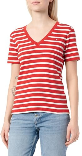 Tommy Hilfiger Camiseta de Manga Corta para Mujer New Slim Cody V-Neck con Cuello de Pico, Multicolor (Primary Red/Ecru STP), XL