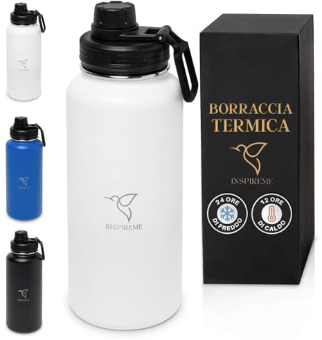 Inspireme Borraccia Termica 1 Litro Acciaio Inox | Bottiglia Termica 1 Litro A Prova Di Perdite | Borraccia Acqua Fredda & Calda | Borraccia Palestra | Nero, Blu O Bianco. (Bianco)