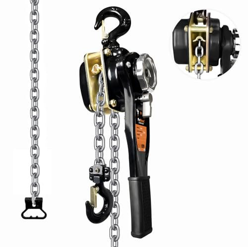 FITHOIST 1 Ton Chain Hoist 2200LBS Capacity 10Ft Lift Manual Lever Chain Hoist Manganese Steel G80 Chain w/ 2 Heavy Duty Hooks, for Open-Air and Confined Space Lifting