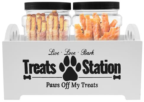 BAODBF Dog Treat Container Wood Dog Food Storage Container with 2 Plastic Jars Rustic Cat Treat Container Practical Pet Treat Storage Organizer for Pet Owners and Lovers(white)