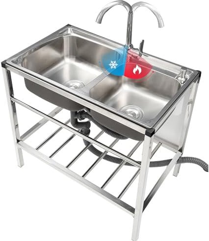 Utility Sink Stainless Steel Double Bowl Sink, 32.7 x 17.3 x30.3 Free Standing Commercial Restaurant Kitchen with Hot and Cold Faucet for Laundry,Garage,Cafe Bar