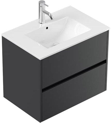 Lomadox Badezimmer Waschtisch 70 cm in Graphit matt, Keramik-Waschbecken, 2 Schubladen, wandhängend