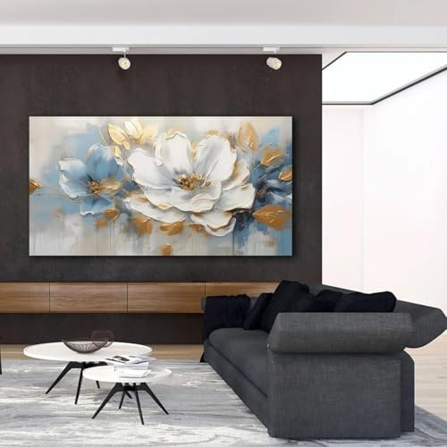 ZHAOLIN Peinture à l'huile de fleur d'or sur affiche impressions sur toile Art mural peinture florale blanche abstraite pour décoration de salon décoration d'intérieur 75x150cm sans cadre