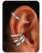 Ear Cuff Set für Damen Ohne Piercing - 4 Paar 14K Goldbeschichtete Ohrklemmen Fake Helix Nicht Verblassend Knorpel Ohrringe für Ungepiercte,Verstellbare Ohrmanschetten in Geschenkbox Silber-Klobig
