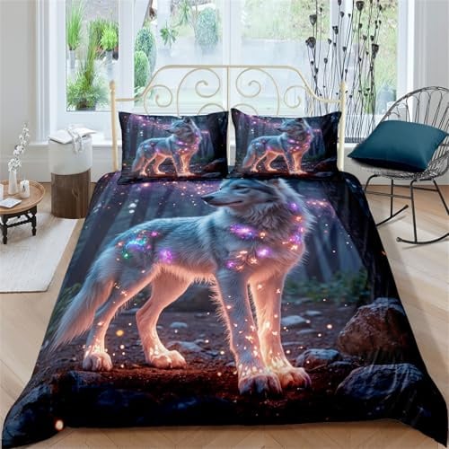 AYMAING Kinder Träume Wolf Bettwäsche-Set 135x200cm, Mystische Waldlandschaft, 80x80cm Kissenbezug mit Reißverschluss für Jungen, Mädchen, Teenager Zimmer
