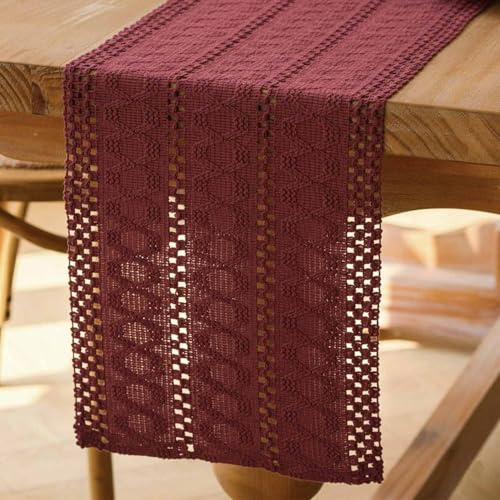 Avalune Tischläufer Burgunderrot Boho Tisch Läufer Modern Bauernhaus Klein Schmal Tischdecke Dekor Makramee Baumwolle Leinen Landhausstil Rustikaler Table Runner für Küche Hochzeit Party 30x180 cm