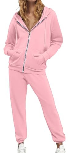 Generisch Survêtement 2 pièces pour femme - Fermeture éclair - Veste de survêtement + pantalon de jogging - Manches longues - Tenue de loisirs - Veste à capuche - Pantalon de sport, Rose, M
