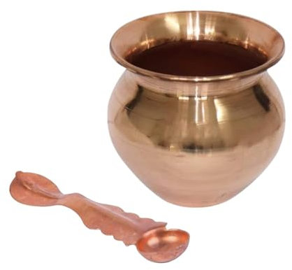 BRACOP® Copper Lota With Spoon Indian Pooja Cup Pure Copper Water Pot Decorative Pooja Items Serving Utensils Goblet Handmade Copper Vessel For Pooja Home Temple Decoration