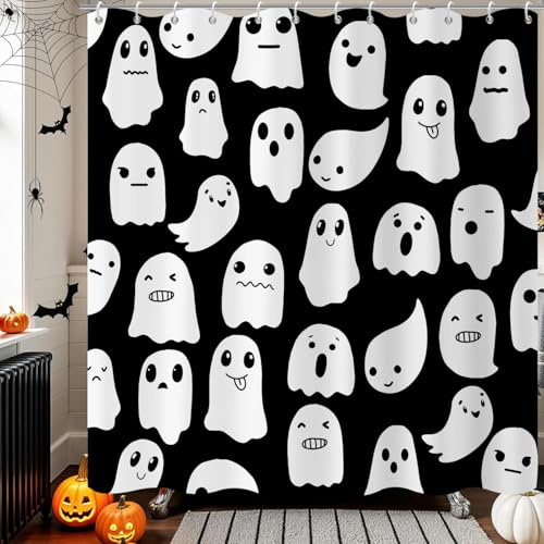 GCIREC Duschvorhang, 180x180cm, Schwarz und Weiß Halloween Funny Spooky Cute Ghost Icons Wasserdichter Stoff Maschinenwaschbarer Badezimmervorhang mit Haken