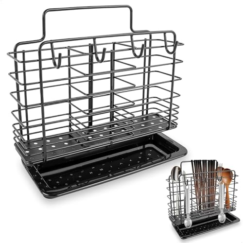 jinminamz Pot a ustensile de Cuisine,Égouttoir à Couverts en Acier Inoxydable, 3 partitions pour Le Rangement Installation sans perçage, Montage Mural, Amovible, avec égouttoir (Noir)